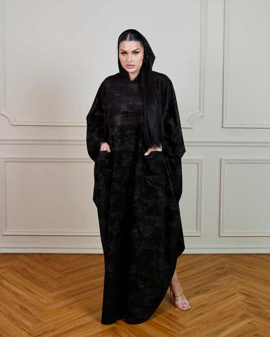 Printed Black Jalabiya with Hoodie and Side Pockets