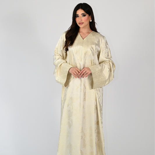 Cream Patterned Jalabiya with Embroidery Designs on Collar and Sleeves