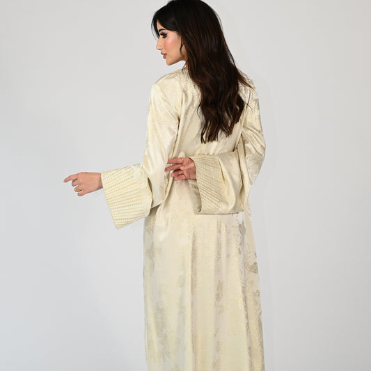 Cream Patterned Jalabiya with Embroidery Designs on Collar and Sleeves