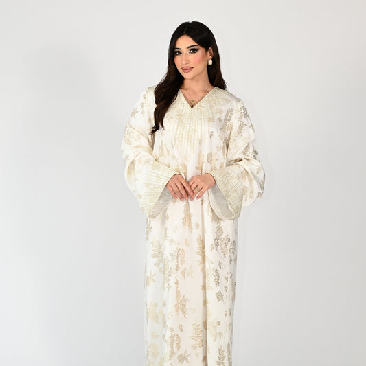 Off-White Patterned Jalabiya with Embroidery Designs on Collar and Sleeves
