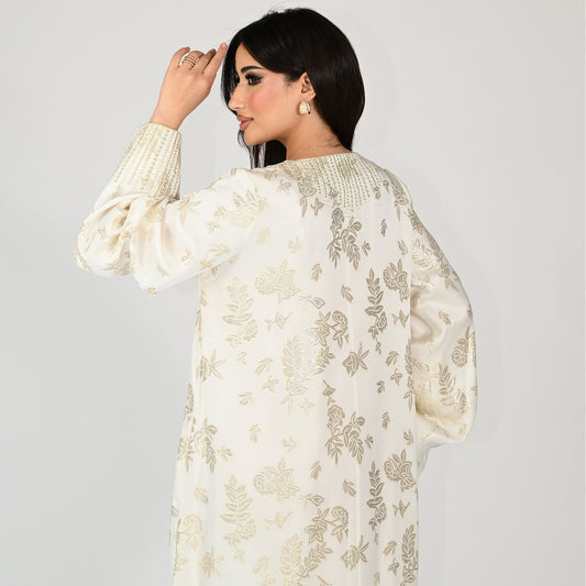 Off-White Patterned Jalabiya with Embroidery Designs on Collar and Sleeves