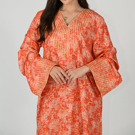 Peach Orange Patterned Jalabiya with Embroidery Designs on Collar and Sleeves