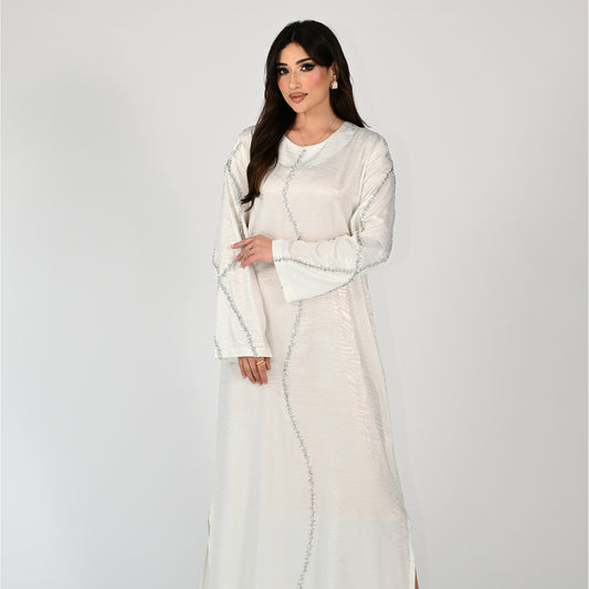 White Plain Jalabiya with Silver Designs in Front and Sleeves, with Side Slits