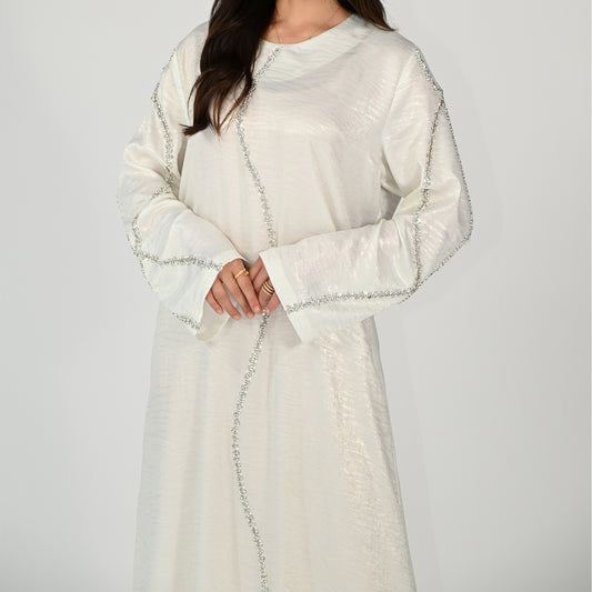 White Plain Jalabiya with Silver Designs in Front and Sleeves, with Side Slits