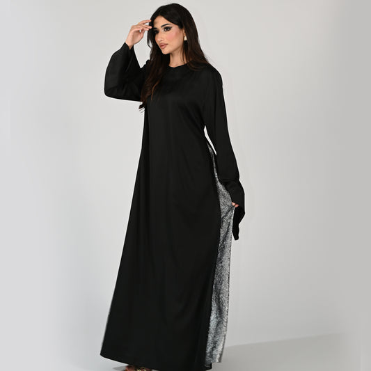 Black Plain Jalabiya with Silver Cut Accent on Sideways