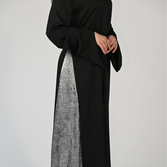 Black Plain Jalabiya with Silver Cut Accent on Sideways