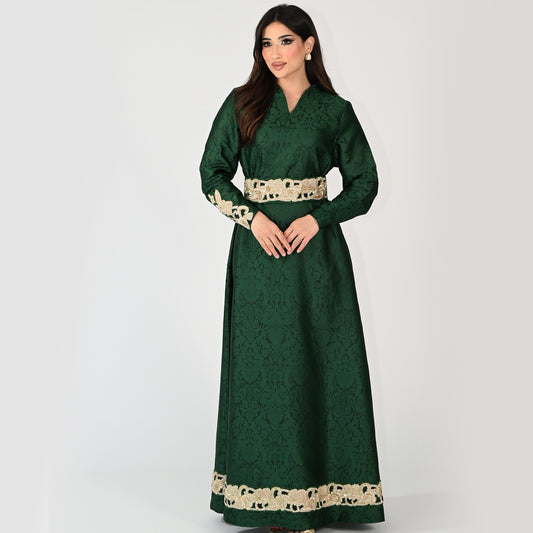Green Patterned Jalabiya with Embroidery Designs on the Sleeves and Hem Line Area