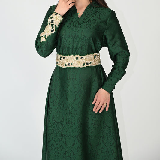 Green Patterned Jalabiya with Embroidery Designs on the Sleeves and Hem Line Area