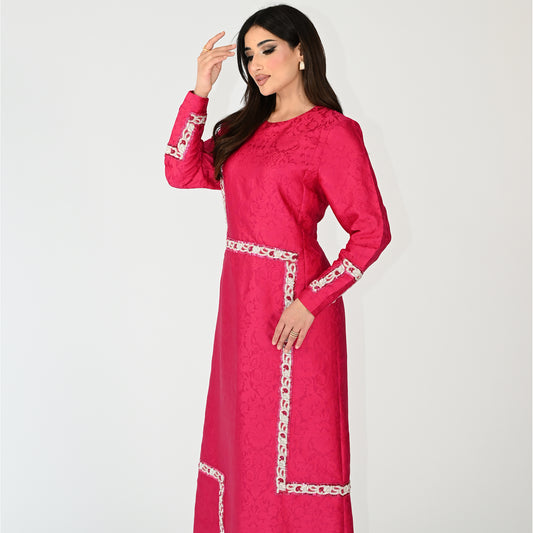 Patterned Jalabiya with White Embroidery Designs on the Sleeves and Body Area - in Dark Pink Color