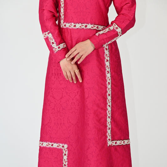 Patterned Jalabiya with White Embroidery Designs on the Sleeves and Body Area - in Dark Pink Color