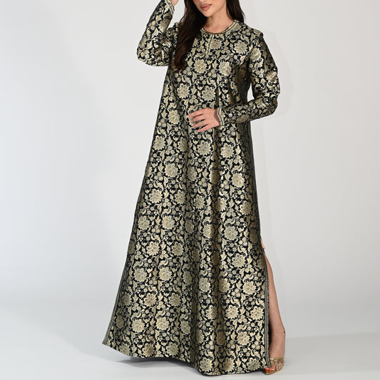 Patterned Black Jalabiya with Embroidery Designs, with Side Slit