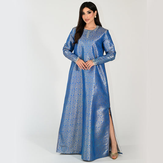 Patterned Blue Jalabiya with Embroidery Designs, with Side Slit