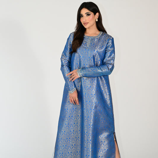 Patterned Blue Jalabiya with Embroidery Designs, with Side Slit