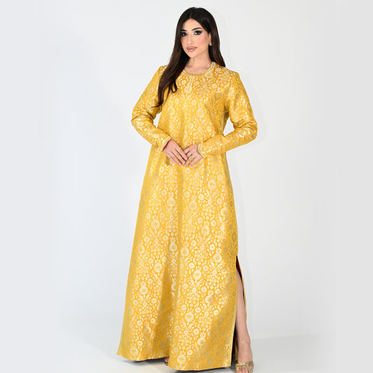 Patterned Yellow Jalabiya with Embroidery Designs, with Side Slit