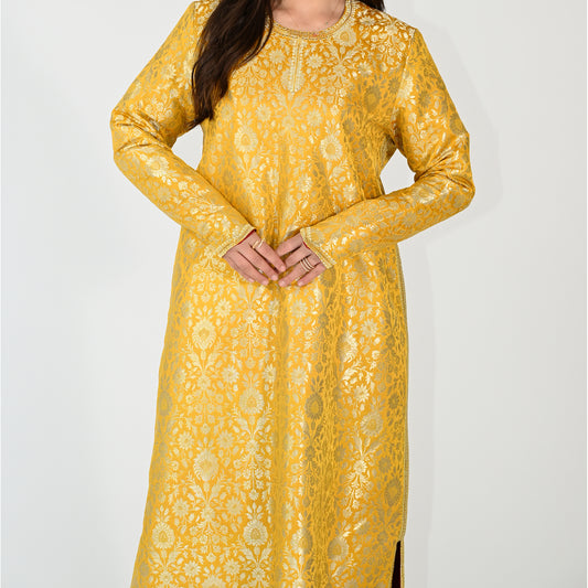 Patterned Yellow Jalabiya with Embroidery Designs, with Side Slit