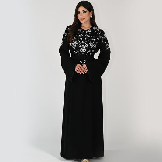 Jalabiya with Silver Beads and Stones Embroidery Designs, with Belt - in Black Color