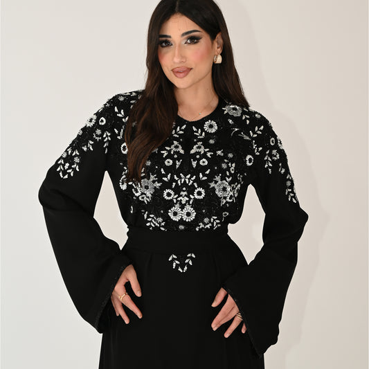 Jalabiya with Silver Beads and Stones Embroidery Designs, with Belt - in Black Color