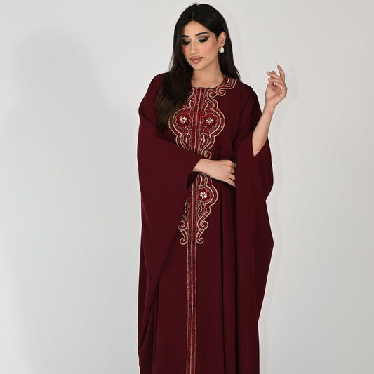 Plain Jalabiya with Hand Embroidery Designs in Front - in Maroon Color