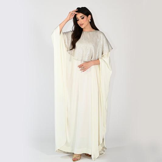 Plain Jalabiya with Silver Cut-Style Pattern on the Neckline - in Off-White Color