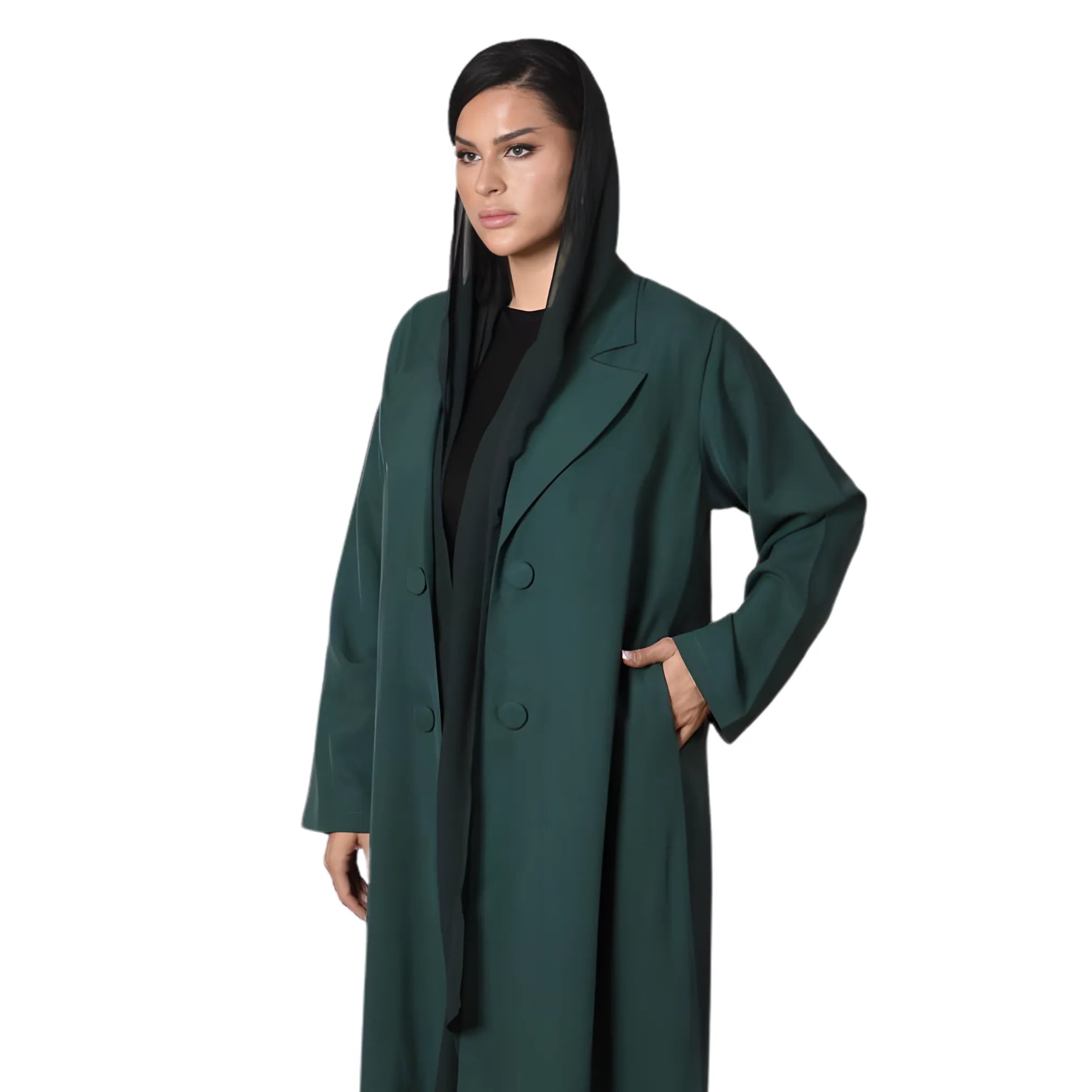 Woman wearing a long dark green abaya on a white background