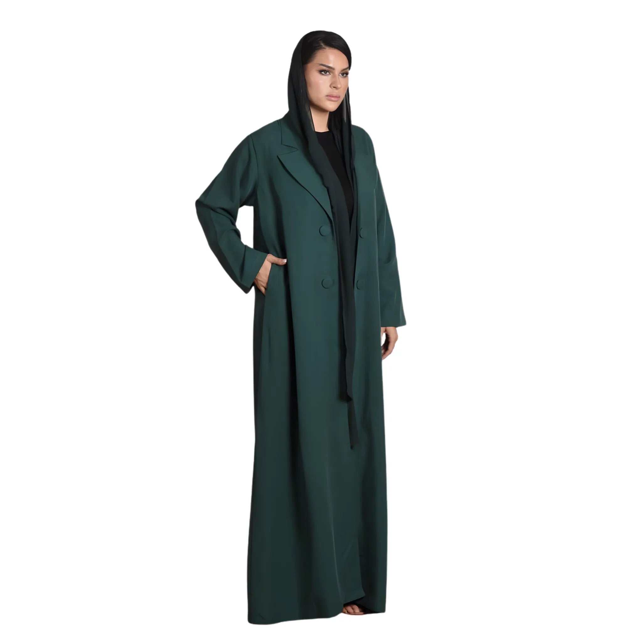 Woman wearing a long dark green abaya on a white background