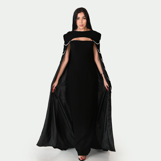 Long Strapless Gown in Black Cape-Pearl Beaded Design