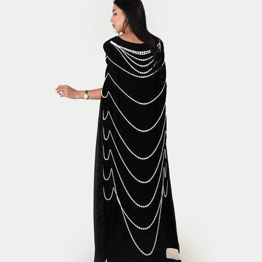 Long Strapless Gown in Black Cape-Pearl Beaded Design
