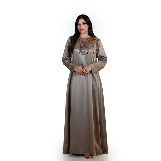 Elegant Long Dress with Brown Beads Accents on Collar