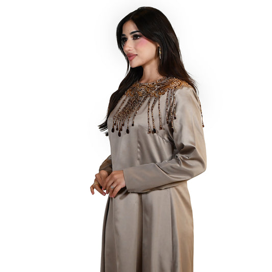 Elegant Long Dress with Brown Beads Accents on Collar