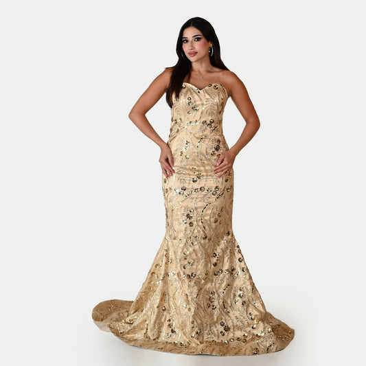 Elegant Strapless Gold Mermaid-Style Gown with Intricate Sequins and Beads Design