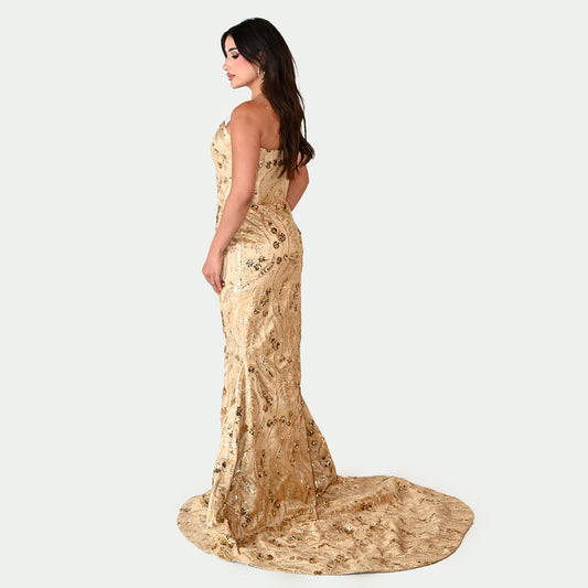 Elegant Strapless Gold Mermaid-Style Gown with Intricate Sequins and Beads Design