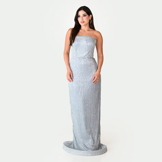 Elegant Strapless Maxi Dress - in Silver Color