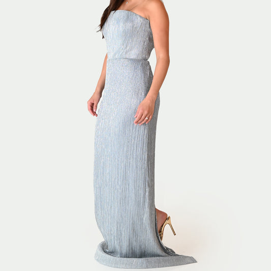 Elegant Strapless Maxi Dress - in Silver Color
