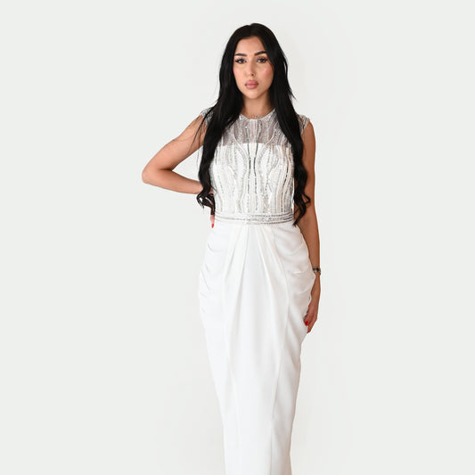 Elegant Midi Dress with Sheer Silver Sequin Accents & in Draped Wrap-Bottom Style