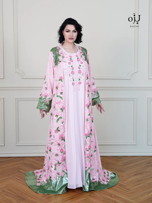 Luxury 2-Piece Pink Floral Embroidered Dress with Sequins