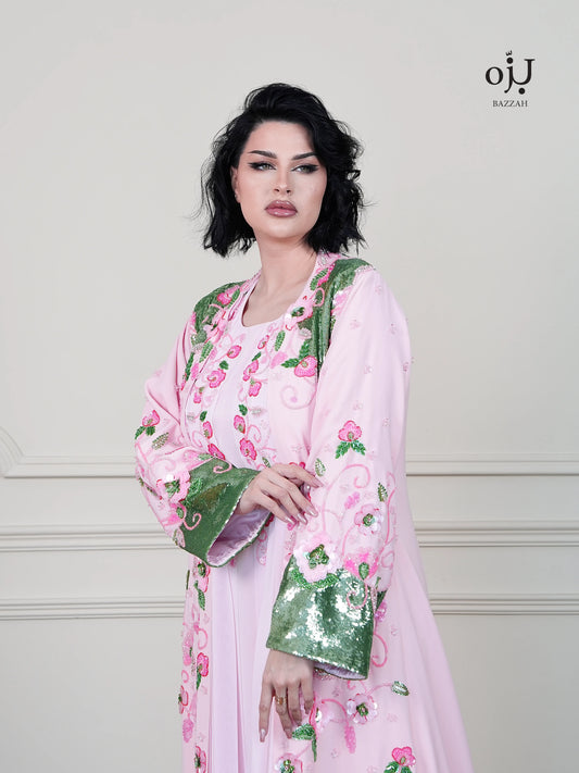 Luxury 2-Piece Pink Floral Embroidered Dress with Sequins