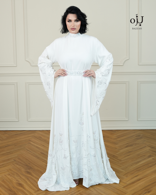 Elegant White Embroidered Dress with Belt