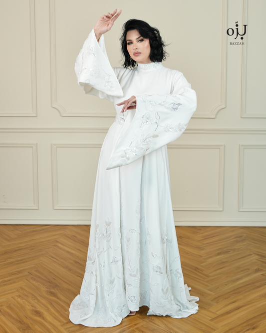 Elegant White Embroidered Dress with Belt