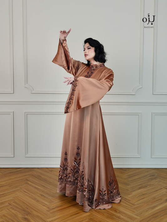 Satin Embellished Kaftan - in Copper Brown Color