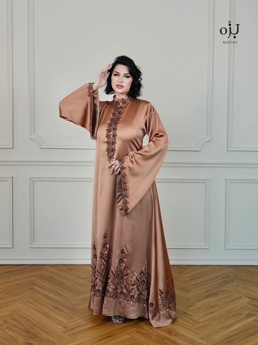 Satin Embellished Kaftan - in Copper Brown Color