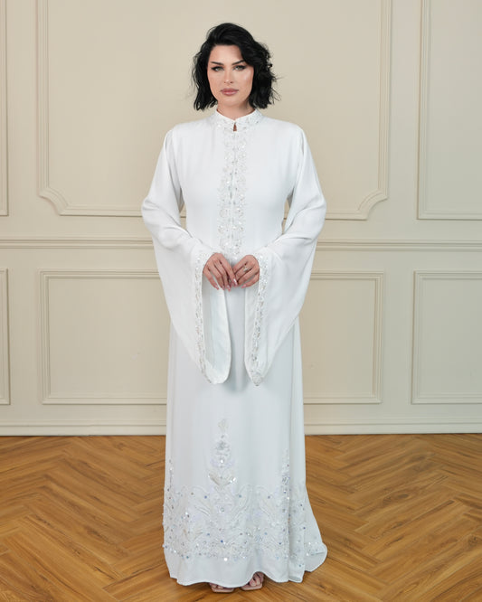 Elegant White Dress with Embellished Bell Sleeves