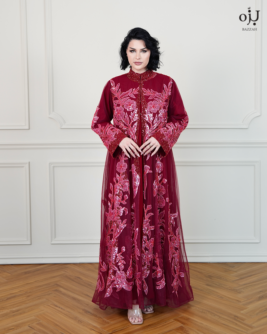 Luxury Evening Burgundy Dress with Intricate Hand Embroidery and Embellishments